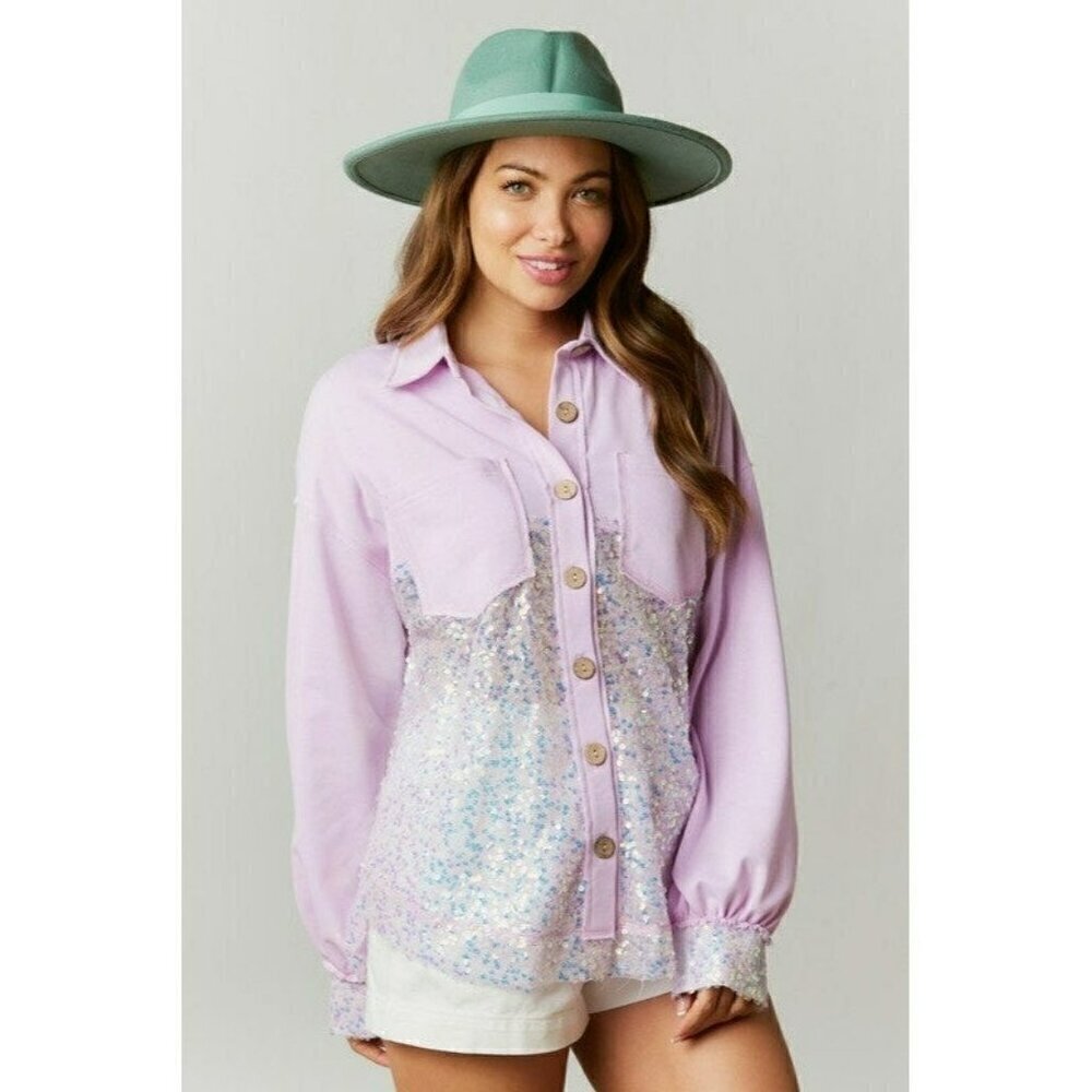All Things Bling Sequin Contrast Color Block Shacket in Lavender